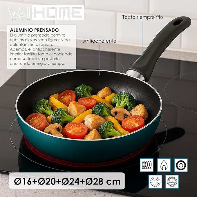 Well Home Set of 4 Pans Diameter 16 Diameter 20 Diameter 24 Diameter 28 cm Made of Pressed Aluminium in Black