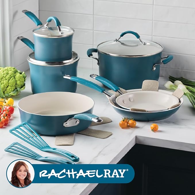 Rachael Ray Cucina Ceramic Cookware Set - 13 Pieces - Ceramic Pots and Pans Set w/Nonstick Frying Pans Saute Pan Saucepans Stockpot Lids Pan Protectors &amp Cooking Utensils - Marine Blue