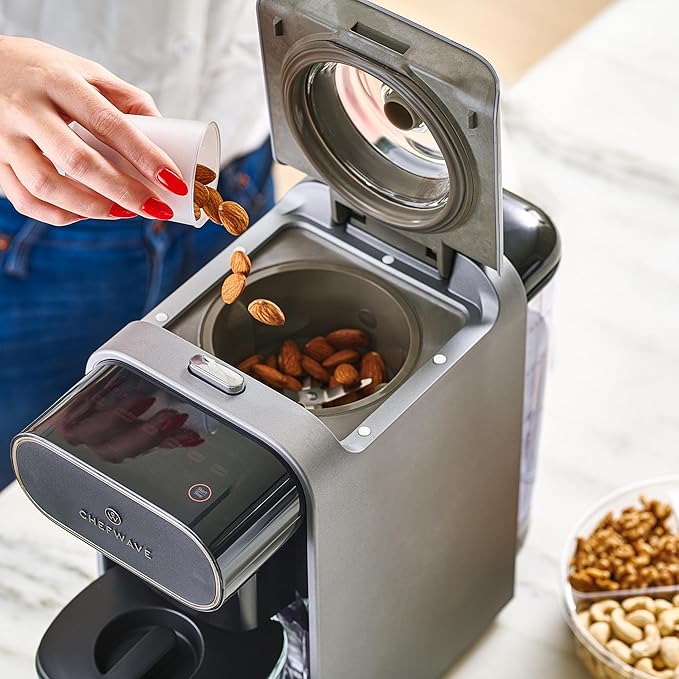 ChefWave Milkmade Soy Milk Maker (Silver/Black) 6-in-1 Vegan Plant-Based Milk Machine with Auto Clean and Delay Start Almond Oat Soy Cashew Coconut Macadamia Milk Maker with Nut Platter