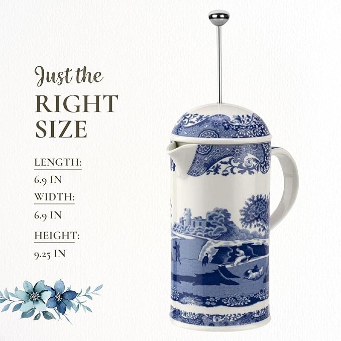 Spode Blue Italian French Press | 28-Ounce Capacity | Espresso Coffee and Tea Maker | Porcelain Cafetiere | Stainless Steel Plunger | Dishwasher Safe (Blue/White)