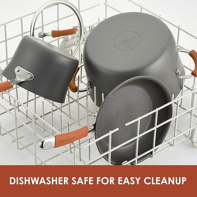 Rachael Ray Cucina Dishwasher Safe Hard Anodized Nonstick Cookware Pots and Pans Set 12 Piece Gray with Orange Handles &amp Cucina Nonstick Bakeware Set 10 Piece Latte Brown with Cranberry Red Gr