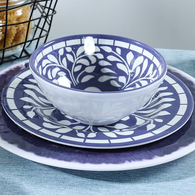 Melamine Dinnerware Set 12 Pieces Plates and Bowls Set Unbreakable Dish SetLightweightCampingDishwasher SafeService for 4 Blue-purple