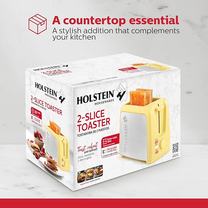 Holstein Housewares 2-Slice Toaster with 7 Browning Settings Extra-Wide Slots Reheat Defrost Cancel High-Lift Release Removable Crumb Tray – Compact Stainless Steel Yellow