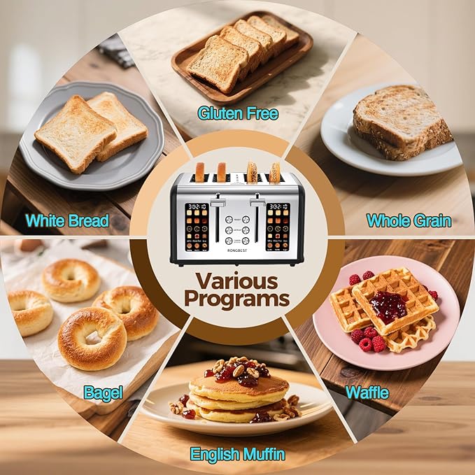 4 Slice Touch Screen Toaster Easy-to-Use Digital Stainless Steel Toaster with Wide Slots Reheat Defrost Cancel Removable Crumb Tray Matte Black