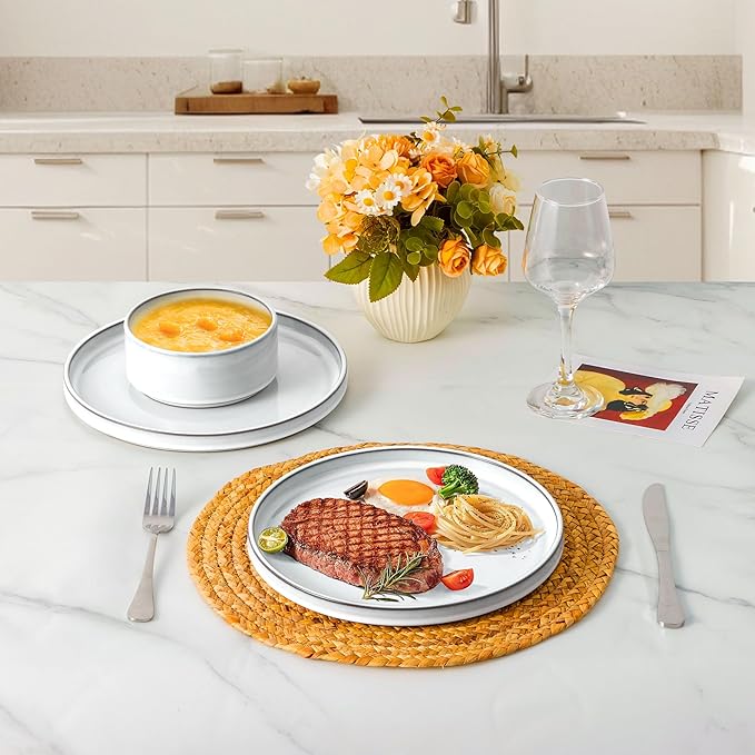 LIANYU Plates and Bowls Dinnerware Sets for 8 24 Piece Stoneware Tableware Dishes Set Includes Dinner Dessert Plate Cereal Bowl Rustic Terracotta Underside Dishwasher &amp Microwave Safe Lucent W