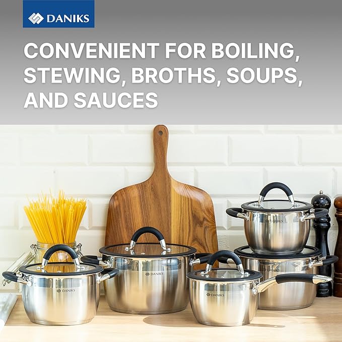 Daniks Orlando 10-Piece Stainless Steel Cookware Set with Glass Lids Includes Saucepan Tri-Ply Bases for Even Heating Induction Compatible Dishwasher Safe Heatproof Handles