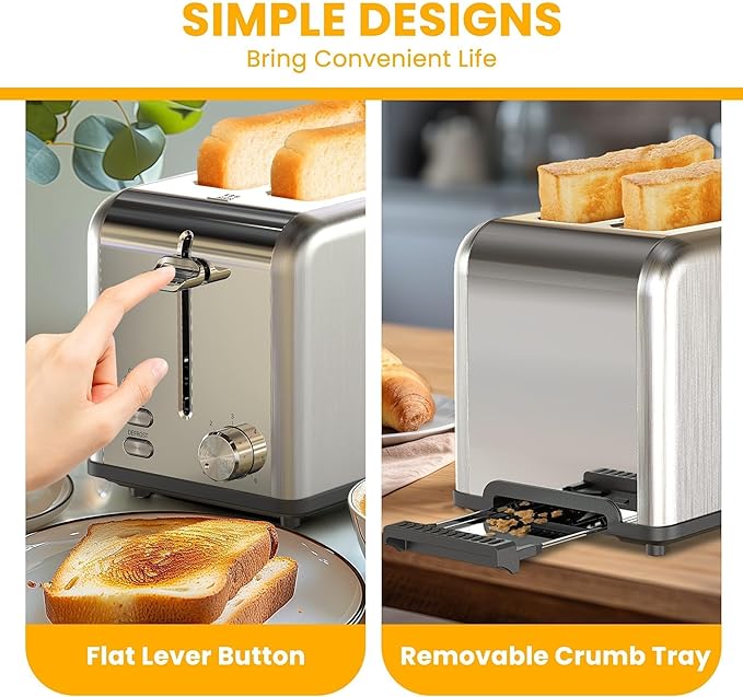 Simple Deluxe 2-Slice Stainless Steel Toaster Extra Wide Slot Toaster &amp Removable Crumb Tray with 6 Browning Setting and 3 Function for Bread &amp Waffle Silver