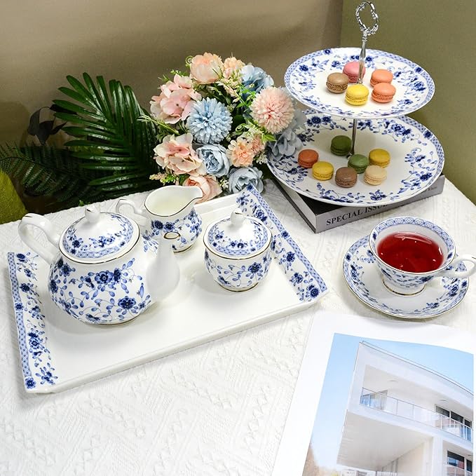 Fine Bone China Dinnerware Set for 4 12-Piece Blue and White Porcelain Dinnerware Set Bone China Serving Trays