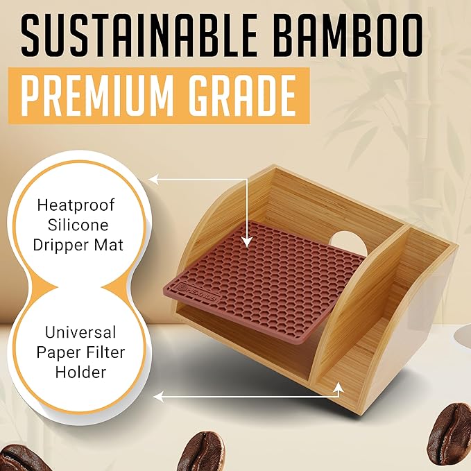 HEXNUB Bamboo Caddy for Pour Over Coffee Maker Fits Chemex Bodum Cosori Heatproof Mat Filter Holder