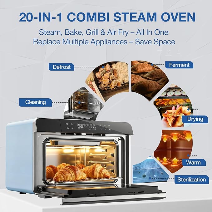 ROBAM Toaster Air Fryer Combi Oven Countertop Steam Oven 20-in-1 with Convection Steam Roast &amp Bake Multi-Stage Cooking Self-Clean 7 Modes 30 Built-In Recipes for Kitchen Pizza Baking (Blue)