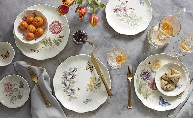 Lenox Dinnerware Set Butterfly Meadow 28-Piece Set Service For 4 Porcelain Plates With Scalloped Edges Plates And Bowls Sets Microwave Safe Dishwasher Safe Home &amp Kitchen (28 Piece Assorte