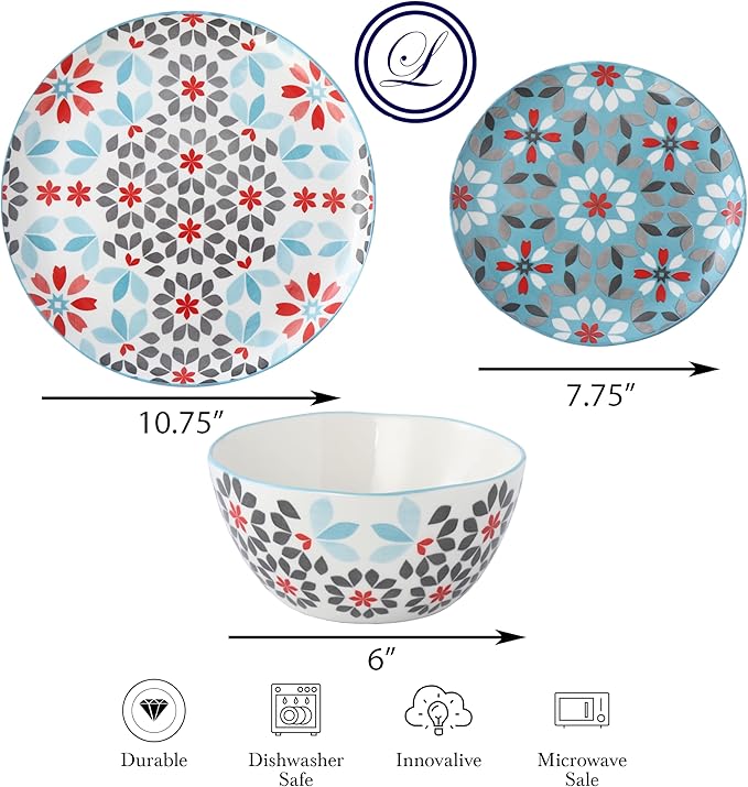 Lorren Home Trends Floral Bone China Dinnerware Set 12 Piece Service for 4 Blue Red Gray Pattern Dishwasher Microwave Safe