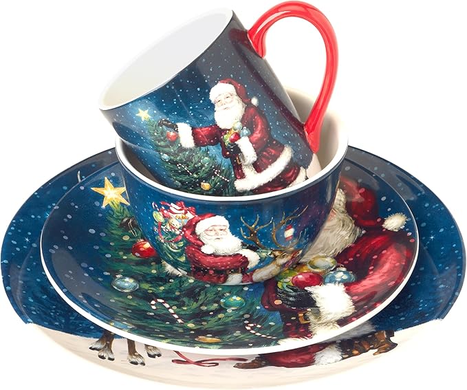 Santa’s Secret 16-Piece Holiday Dinnerware Set Service for 4 – Celebrate the magic of Christmas with Santa reindeer and festive scenes that bring warmth and nostalgia to your holiday table