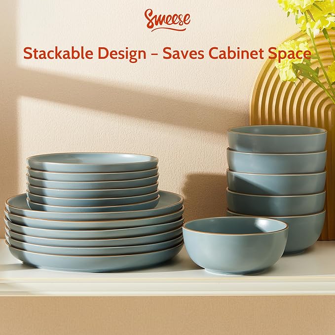 Sweese Dinnerware Sets Service for 6 18 pcs Matte Glaze Plates and Bowls Sets Handmade Porcelain Dish Set Highly Chip and Crack Resistant Modern Dinner Set Dark Blue
