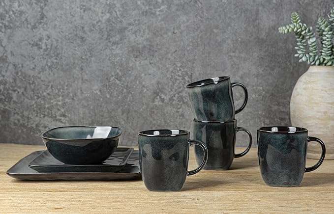 Famiware Ocean Square Plates and Bowls Sets for Kitchen 16-Piece Dinnerware Sets for 4 Mug Set for 4 Deep Forest