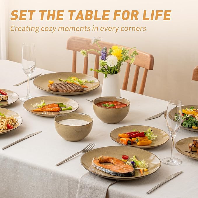 Plates and Bowls Sets 12 Pieces Modern Stoneware Dinnerware Set for 4 Kitchen Dinner Set Ceramic Dishware Dishes Set Microwave and Dishwasher Safe (Maize Yellow)