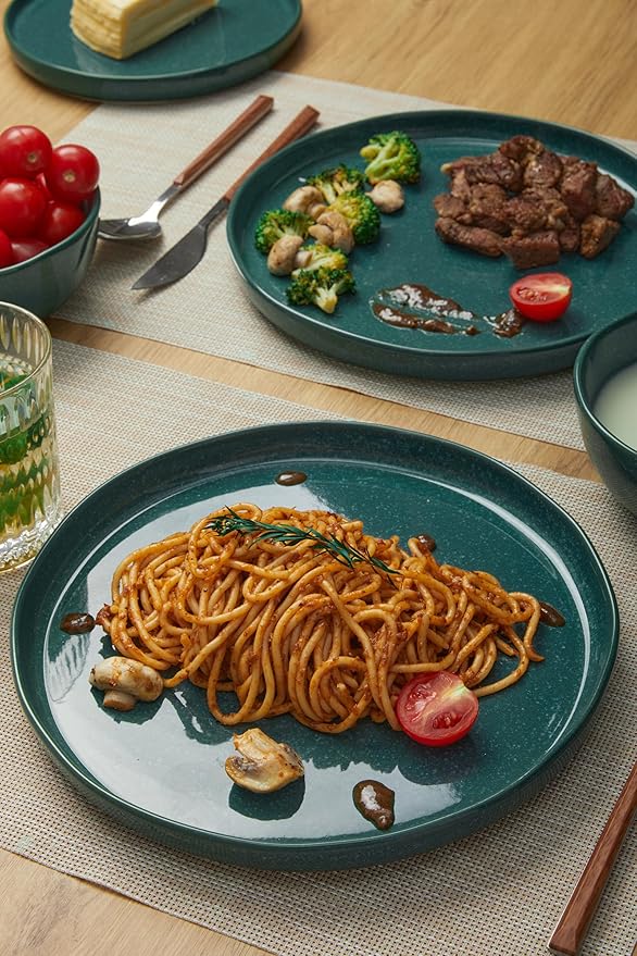 Ceramic Dinnerware Set for 4Reactive Glaze Plates and Bowls SetsMicrowave SafeChip-Resistant Dish SetPerfect for Modern DiningFarmhouse Style (Forest Green Service for 4 (12pcs))