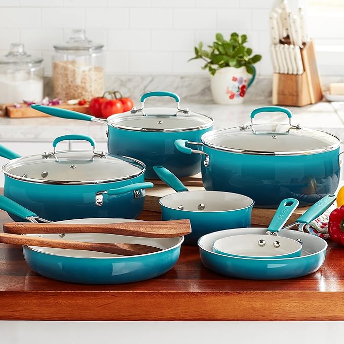 12-Piece Enamel Classic Ceramic Cookware Set Ombre Teal