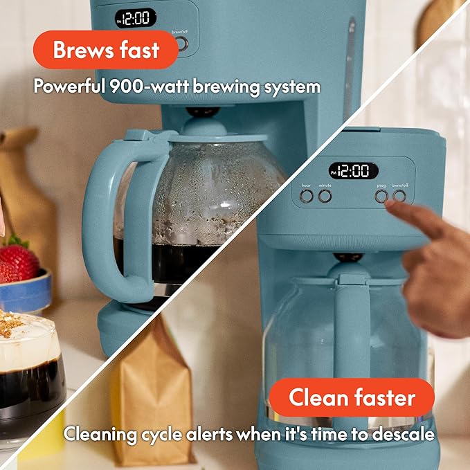 bella 12 Cup Programmable Coffee Marker Reusable Dishwasher Safe Accessories Easy LCD diaply Auto Shutoff 900 watt Surf