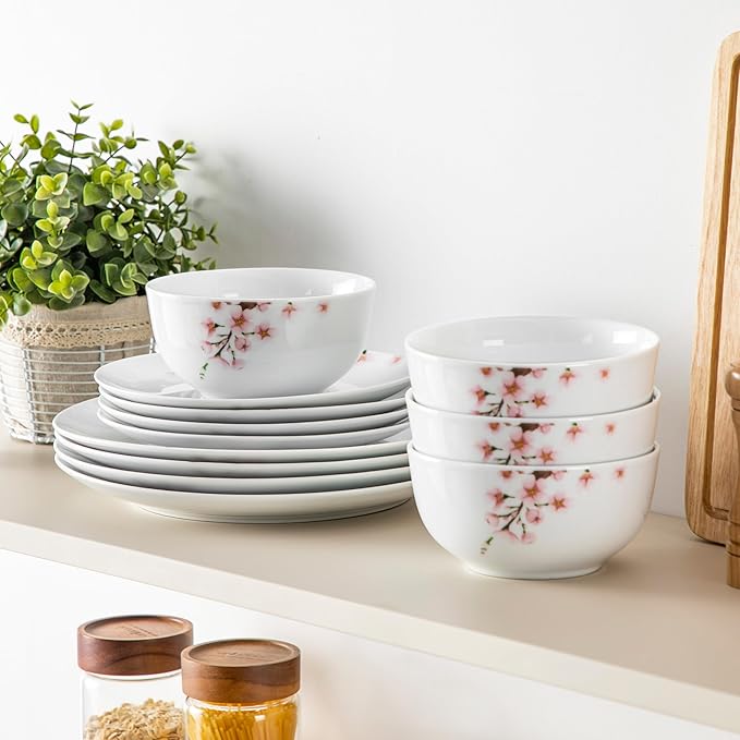 VEWEET Porcelain Dinnerware Sets for 4 12 Pieces Plates and Bowls Set with Pink Floral Kitchen Dishes Set Dining Ware for Family Microwave and Dishwasher Safe Series ANNIE