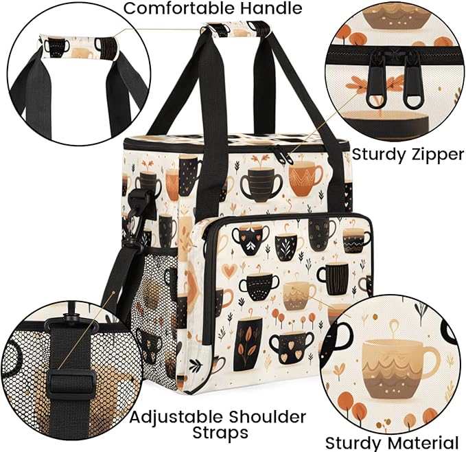 Coffee Cup Print Coffee Maker Travel Bag for Keurig K-Mini/K-Mini Plus Insulated Waterproof Tote with Pockets Portable Single-Serve Brewer Case