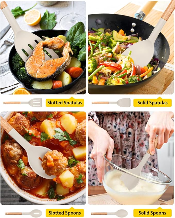 Pack of 4 Silicone Cooking Utensils Set Non Stick Solid Spatulas and Heat Resistant Slotted Spoons with Wooden Handle Ideal Wood Kitchen Utensils Set for FryingServingTurningStirring (KHAKI)