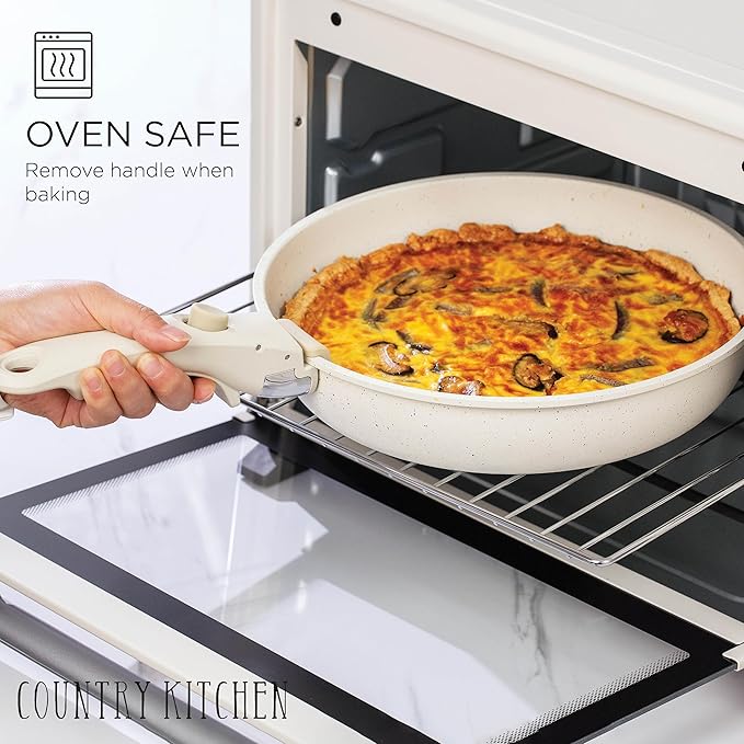 Country Kitchen Cookware Set with Removable Handle Oven &amp RV Safe Pots and Pans Set Cream Deluxe Larger Set