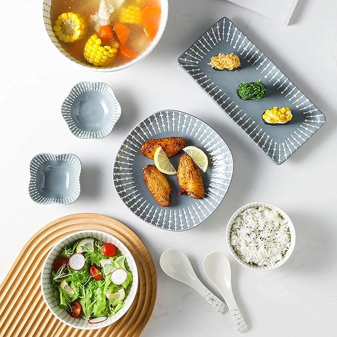 Ceramics Dinner Sets 42 Pieces Nordic Minimalist Style Cereal Bowl and Steak PlateRelief Porcelain Dinnerware Set for Family Gathering