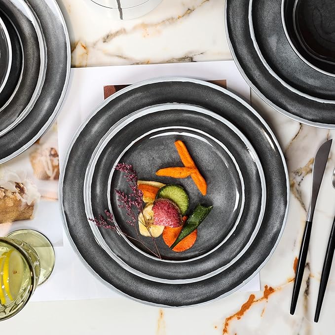 Melamine Dinnerware Sets- 12pcs Melamine Plates and Bowls Set for 4 Suitable for Indoor and Outdoor Use Black