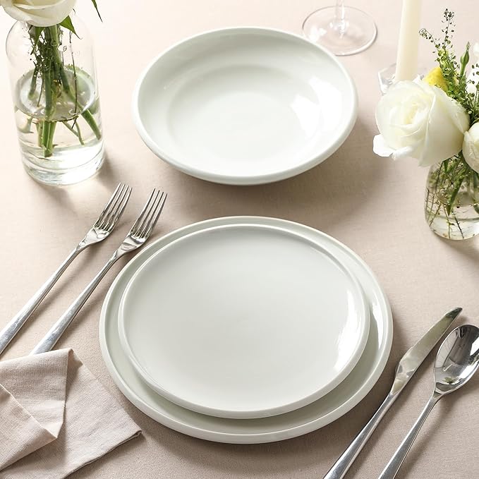 Earth &amp Clay Harmony 12-Piece Dinnerware Stoneware Plates and Bowls Set Includes Dinner and Salad Plates Cereal Bowls Dishwasher and Microwave Safe Dish Set for 4 White