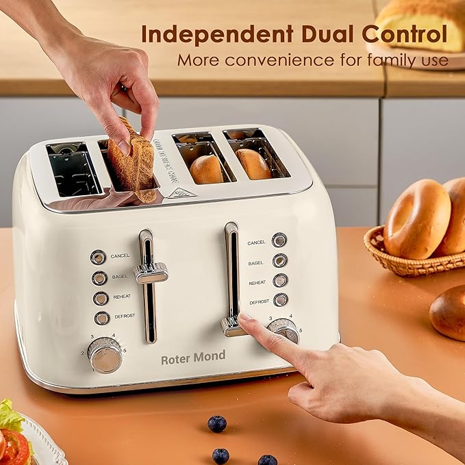 Roter Mond Toaster 4 Slice Retro Stainless Steel with Extra Wide Slots Bagel Defrost Reheat Function Dual Independent Control Panel Removable Crumb Tray 6 Browning Levels Cream White