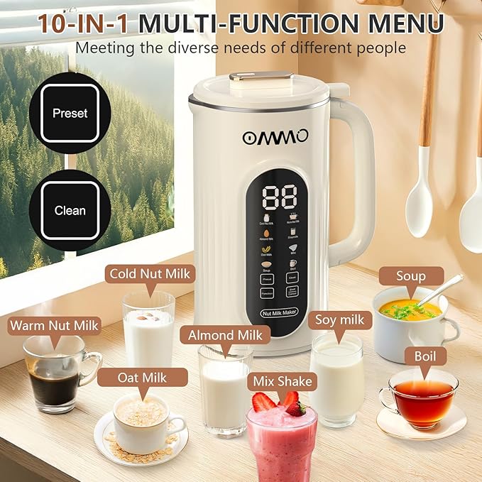 OMMO 10 in 1 Nut Milk Maker Blender 35oz Soy Milk Maker with Large Screen/10 Blades for Hot/Cold Almond Oat Soybean Milk Maker 12 Hours Timer/Self-Cleaning Includes Recipe Book-Accessories