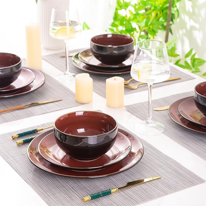 LERATIO Ceramic Dinnerware Sets for 8Stoneware Plates and Bowls SetsHandmade Reactive Glaze Dishes SetChip Resistant and Scratch Resistant | Oven&ampDishwasher &amp Microwave Safe-Red (24PCS)