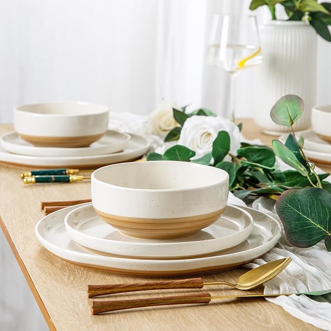 AmorArc Ceramic Dinnerware Sets for 6 24Pieces Handpainted Plates and Bowls Set with Rustic Terracotta Underside Scratch Resistant Stoneware Dishes Set Dishwasher &amp Microwave Safe