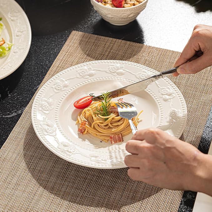 Embossed Strawberry Ceramic Dinnerware Set 16-Piece for 4 Ivory White Non-Slip Plates Bowls &amp Mugs Microwave &amp Dishwasher Safe Premium Kitchen Table Setting Statement Pieces