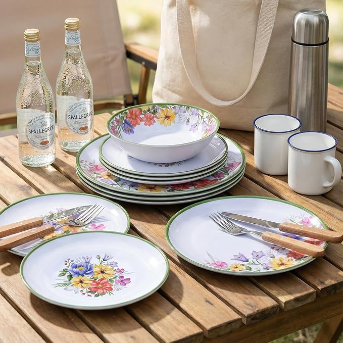12 Piece Floral Melamine Dinnerware Sets Green Camping Dishes Set Spring Lightweight Plates and Bowls Sets Service for 4 Unbreakable Dishwasher Safe Dish Set for Indoor &amp Outdoor Use