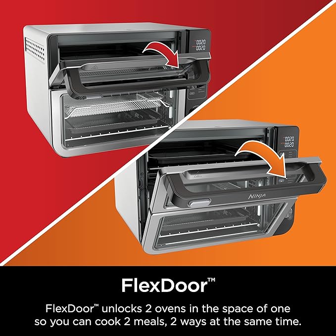 Ninja DCT401 12-in-1 Double Oven with FlexDoor FlavorSeal &amp Smart Finish Rapid Top Convection and Air Fry Bottom  Bake Roast Toast Air Fry Pizza and More Stainless Steel