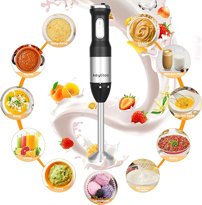 Keylitos 5 in 1 Immersion Hand Blender Mixer [Upgraded] Handheld Stick Blender with 600ML Chopper 800ML Beaker Whisk and Milk Frother for Smoothie Baby Food Sauces RedPuree Soup (Black)