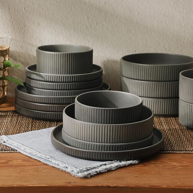 Gibson Elite Deerfield 16-Piece Stoneware Dinnerware Set – Soft Grey Reactive Glaze Stackable Plates and Bowls Service for 4 – Microwave &amp Dishwasher Safe