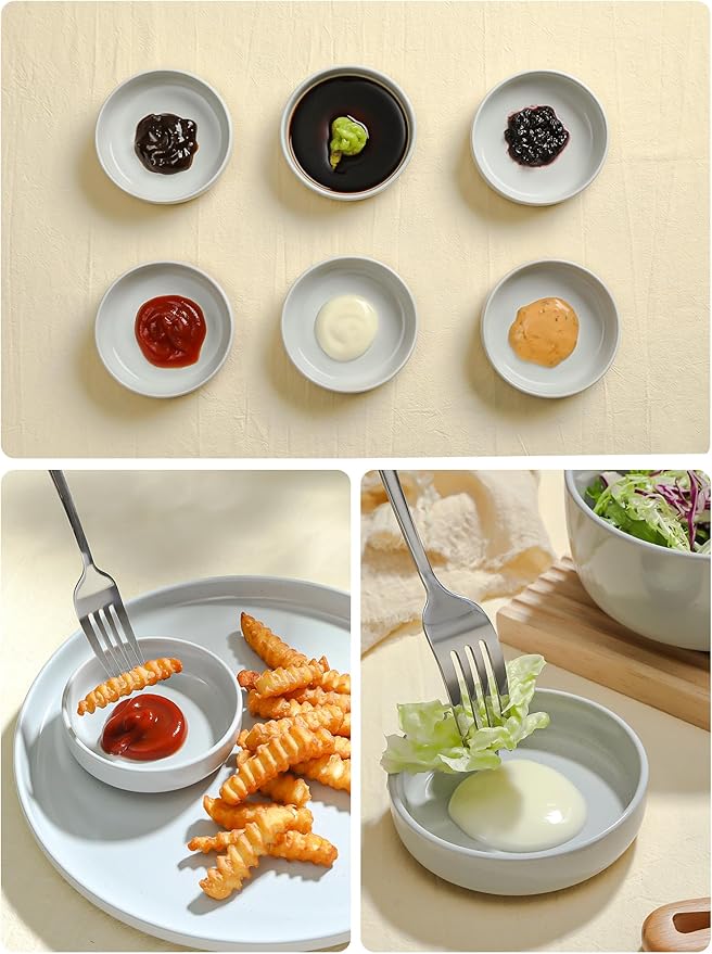 Famiware Mars Plates and Bowls Set of 12 and Milkyway 4oz Dipping Bowls Set of 6 18 Pieces Dinnerware Sets Light Gray