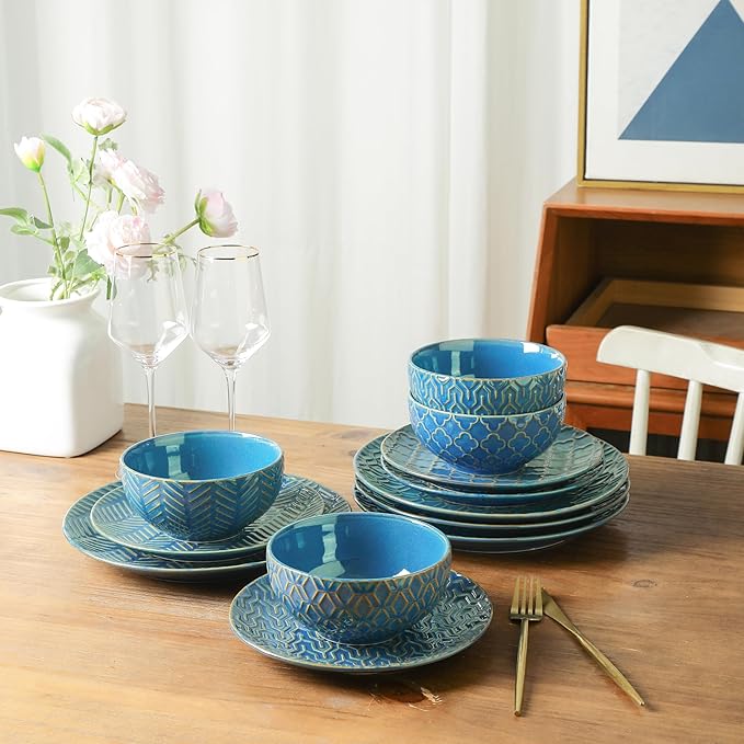Sureasy 12-Piece Ceramic Dinnerware Set for 4 - Embossed Plates and Bowls Sets Scratch Resistant Dish Set Microwave Oven &amp Dishwasher Safe Blue