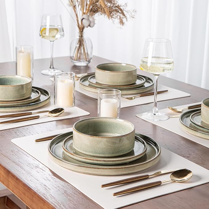 AmorArc 12 pcs Ceramic Dinnerware Sets with 6pcs Coffee mugsHandmade Reactive Glaze Plates and Bowls Sets Dishwasher &amp Microwave Safe Dishes Set Service for 4