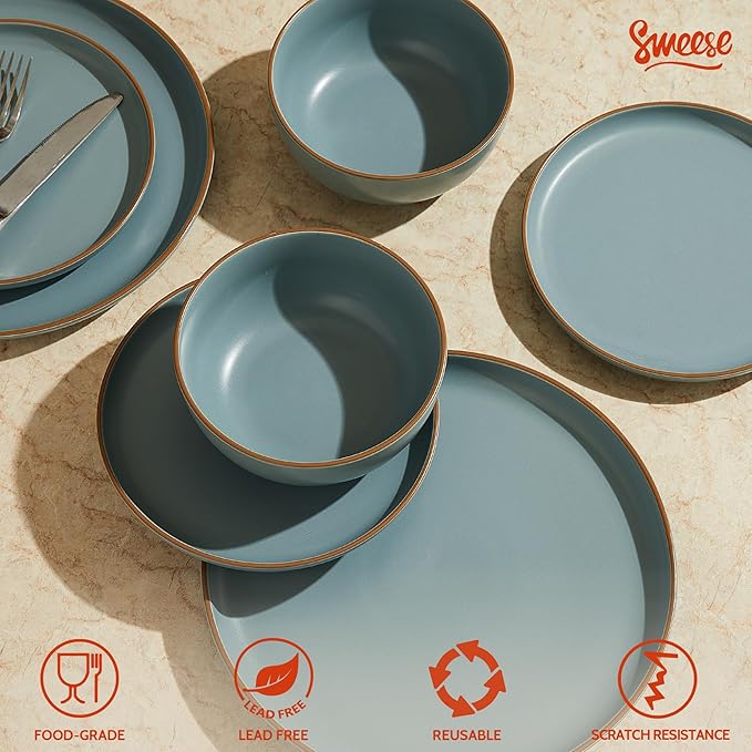 Sweese Dinnerware Sets Service for 6 18 pcs Matte Glaze Plates and Bowls Sets Handmade Porcelain Dish Set Highly Chip and Crack Resistant Modern Dinner Set Dark Blue