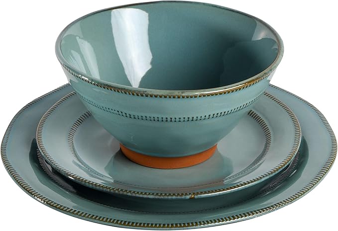 Gibson Elite Terranea Round Reactive Glaze Terra Cotta Dinnerware Set Service for Four (12pcs) Teal
