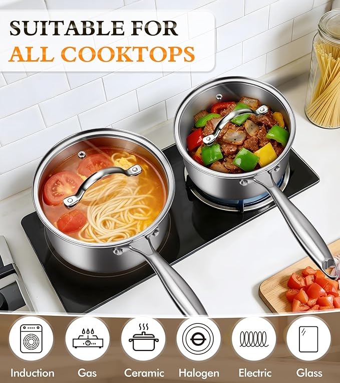 Stainless Steel Saucepan Set with Lids 1.5QT &amp 2.2QT Tri-Ply Stainless Steel Sauce Pot Set Induction Saucepans 4 Pcs Nonstick Saucepans Cookware Set Dishwasher Safe