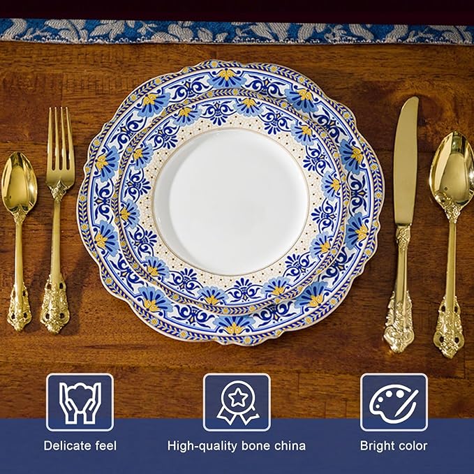 ACMLIFE 12-Piece Bone China Dinnerware Set Blue and White Vintage Floral Dinnerware Set Service for 4 Lightweight Plates and Bowls Set with Gift Box (Blue-B)
