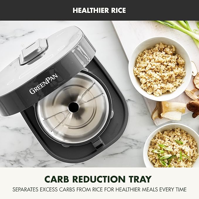 GreenPan Carb Reducing Electric Rice Cooker 4 Cups Uncooked/8 Cooked Rice 10 Presets LED Display Healthier Meals Delay Timer PFAS-Free Ceramic Nonstick Removable Bowl Cool Touch Steam Graphit