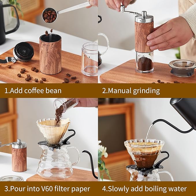 Unbreakable Pour Over Coffee Maker Set – 6-Piece Set with Coffee Maker Hand Coffee Grinder Hand Drip Kettle V60 Filters (40 Sheets) and Measuring Spoon – Perfect for Home Brewing and Travel