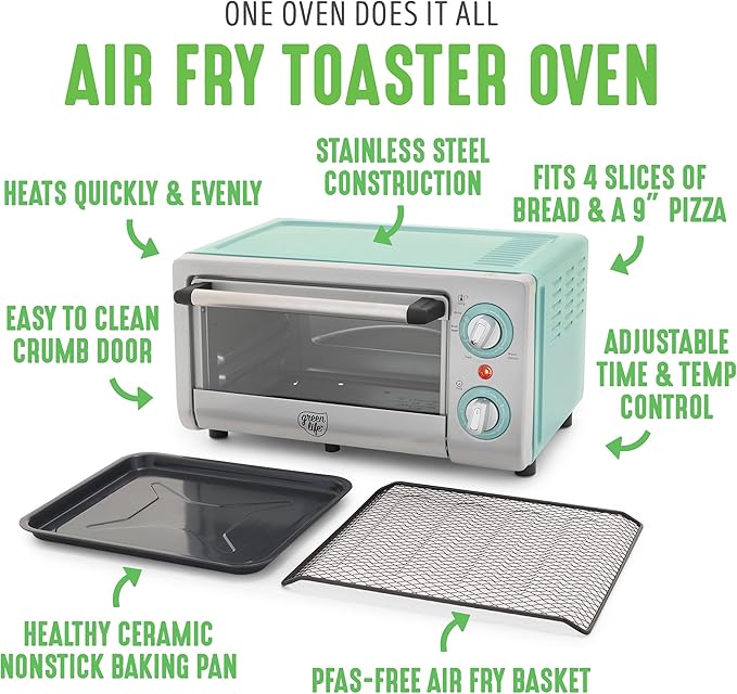 GreenLife Countertop Toaster Oven Air Fryer Stainless Steel Healthy Ceramic Nonstick PFAS Free Tray &amp Basket Bake Broil Reheat Adjustable Temp &amp Time Control Auto Shutoff Turquoise