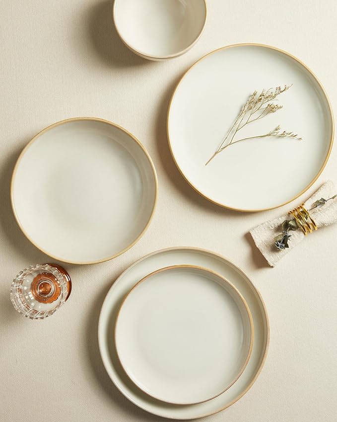 24 Piece Double Bowl Dinnerware Sets with Pasta Bowls Highly Chip and Crack Resistant Plates and Bowls Sets Natural Earthyware Ceramic Dishware Sets Service for 6 Yellow White